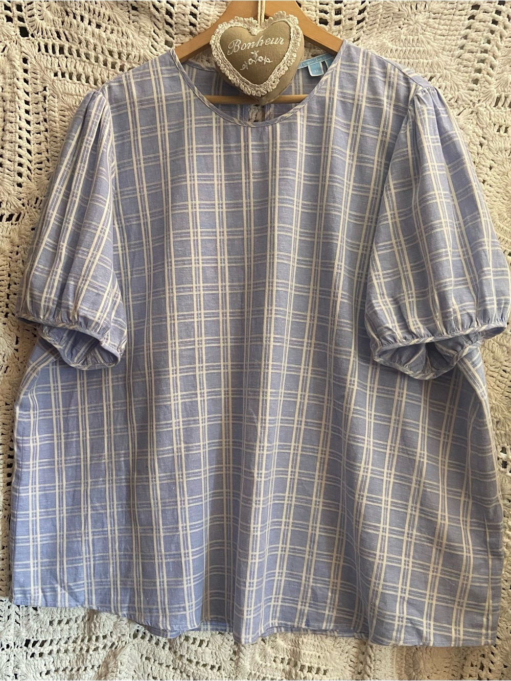 Draper James ❤️ Blue Plaid Linen Blend Puff Sleeve Blouse | 3X